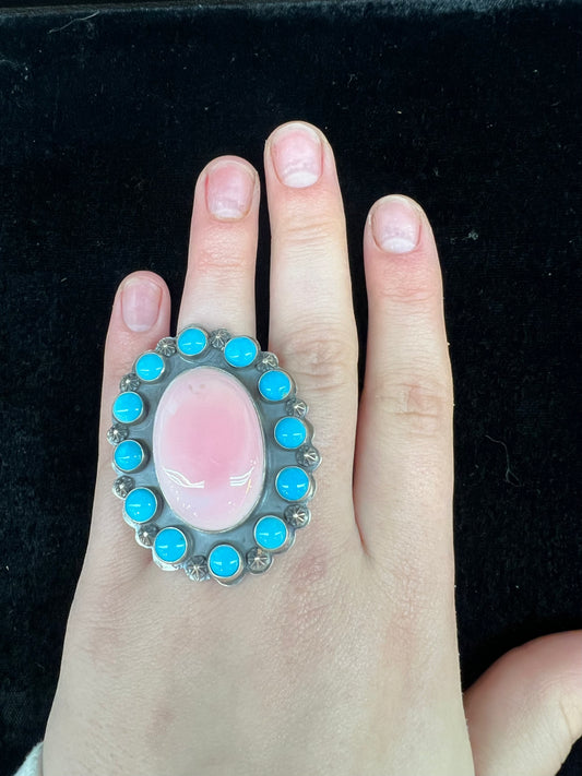 Pink Conch Shell & Sleeping Beauty Turquoise Ring by Zia (Size 8.0)