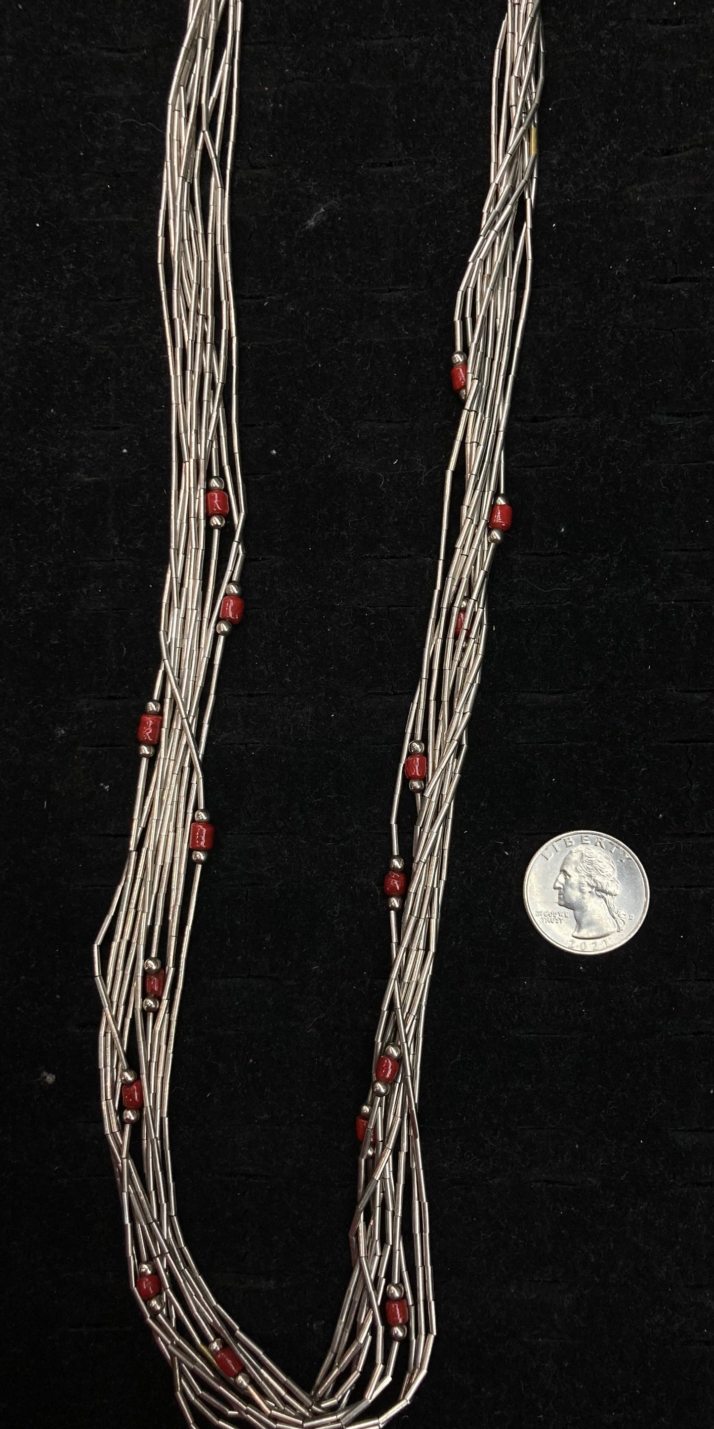 Vintage 30" 10 Strand Red Coral and Liquid Silver Necklace