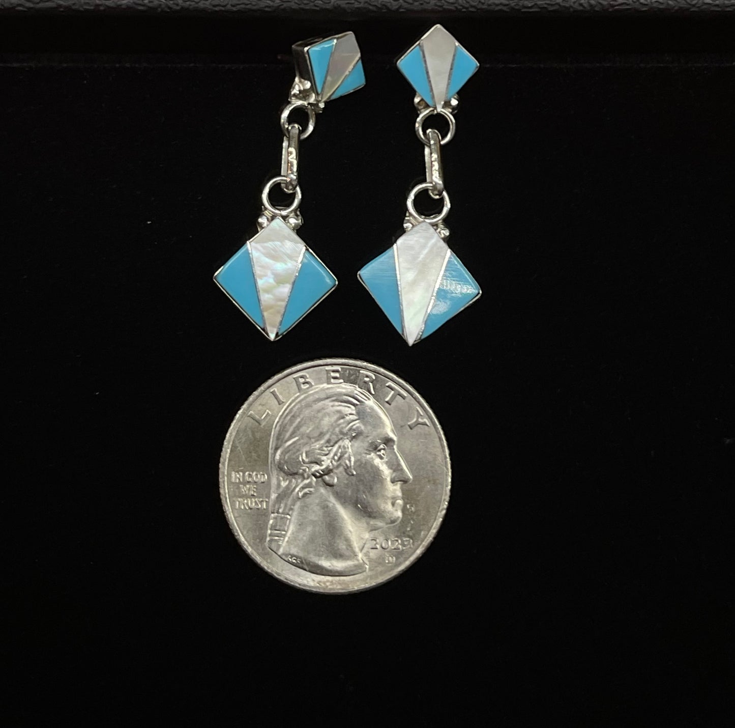 Mother of Pearl and Sleeping Beauty Post Dangle Earrings by Erva Quam, Zuni