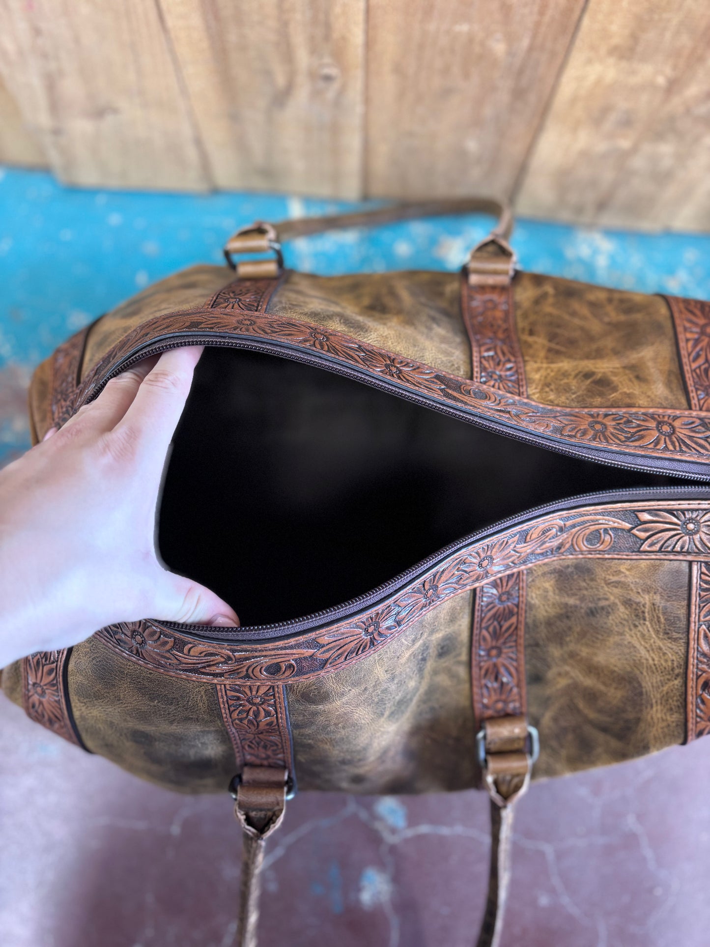 Small Distressed Brown Leather Tooled Duffle Bag