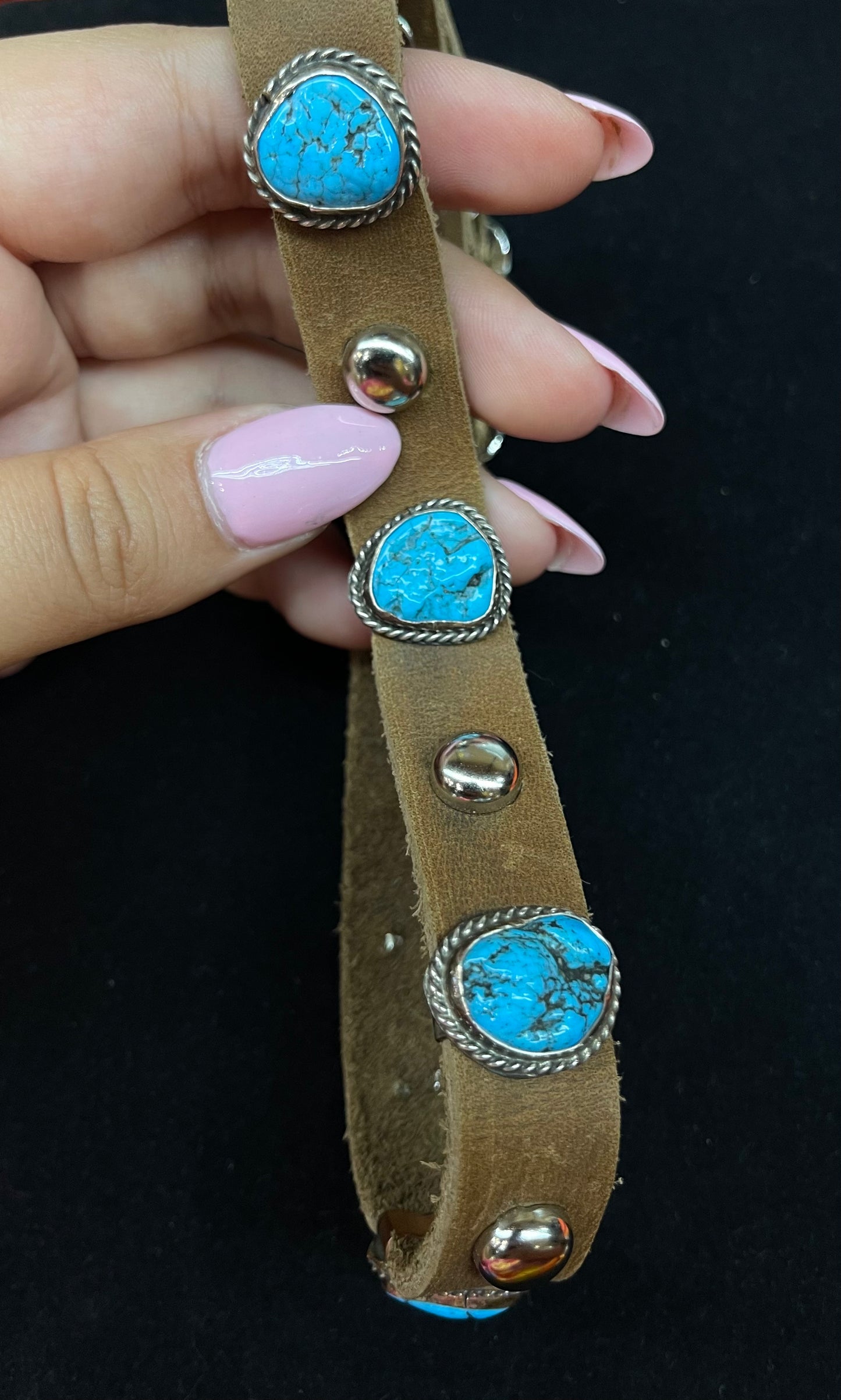 16" Leather Dog Collar with Kingman Turquoise Stones by Julia Etsitty, Navajo