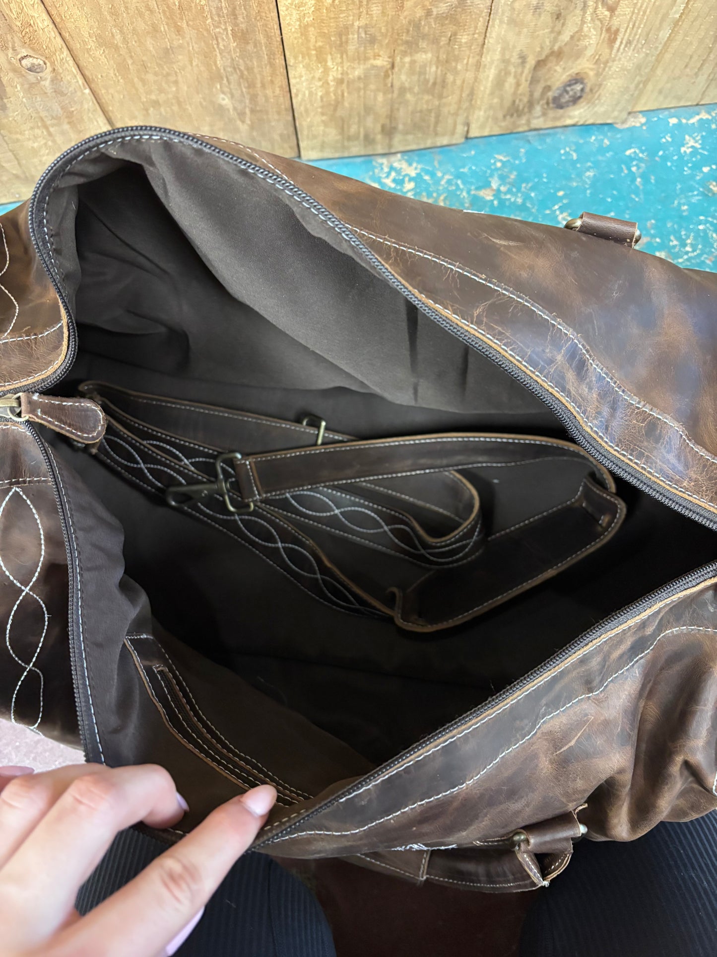 Medium Brown Distressed Leather Boot Stitched Duffle Bag