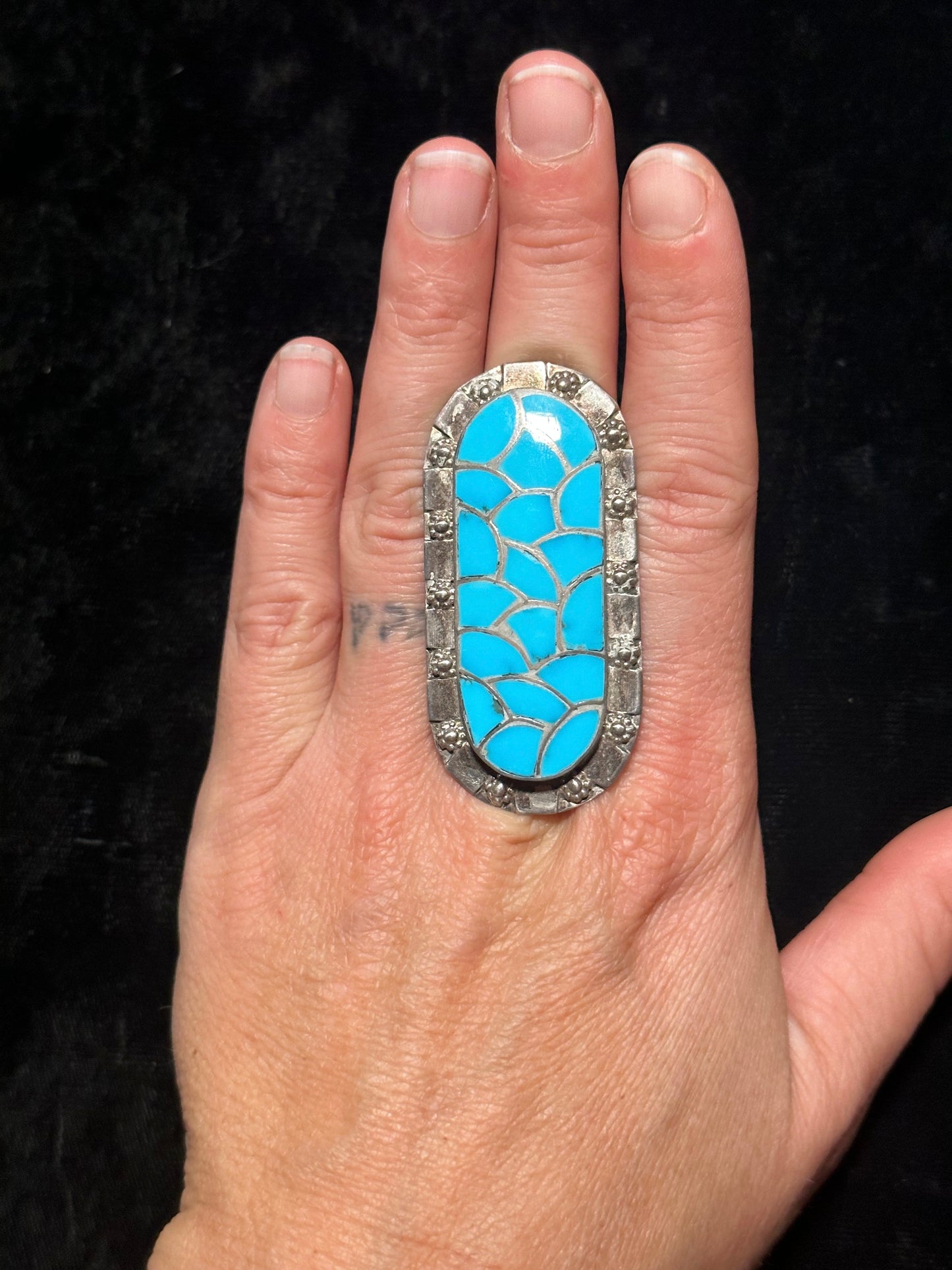 Size 10.0 Fish Scale Inlay Ring by Carmichael Haloo, Zuni Made