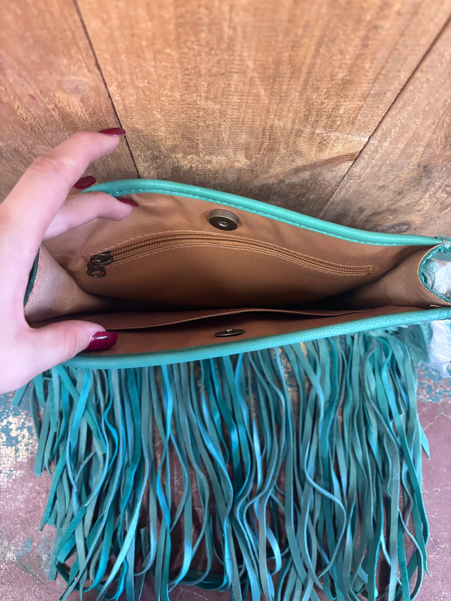 Tan Tooled Turquoise Fringe Leather Purse