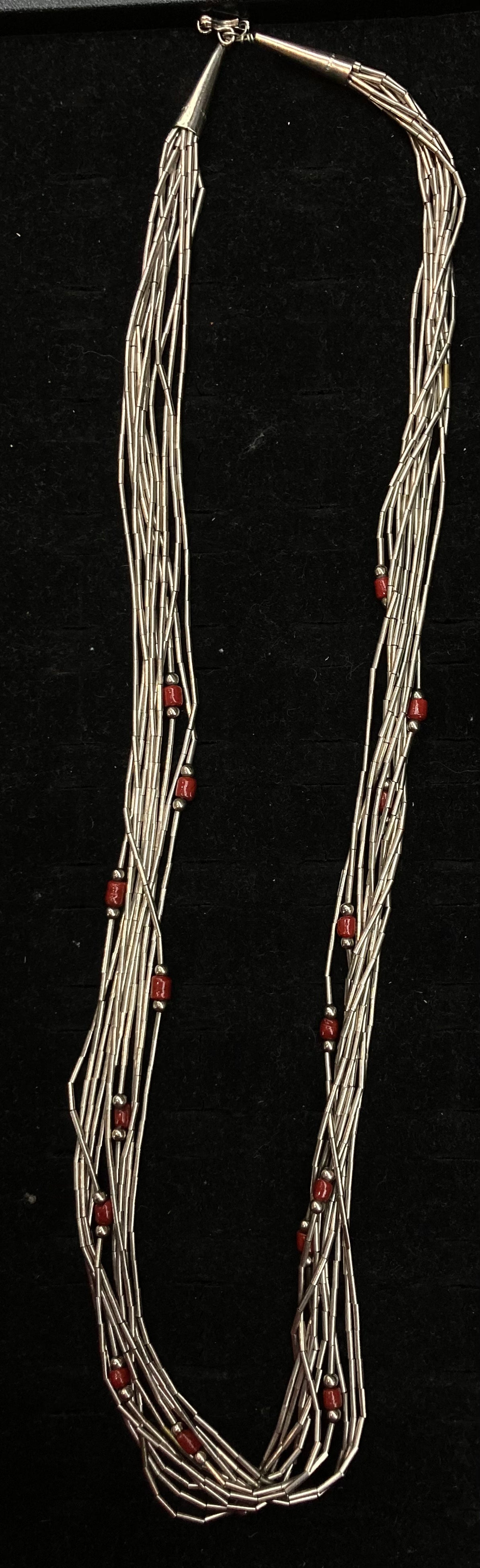 Vintage 30" 10 Strand Red Coral and Liquid Silver Necklace