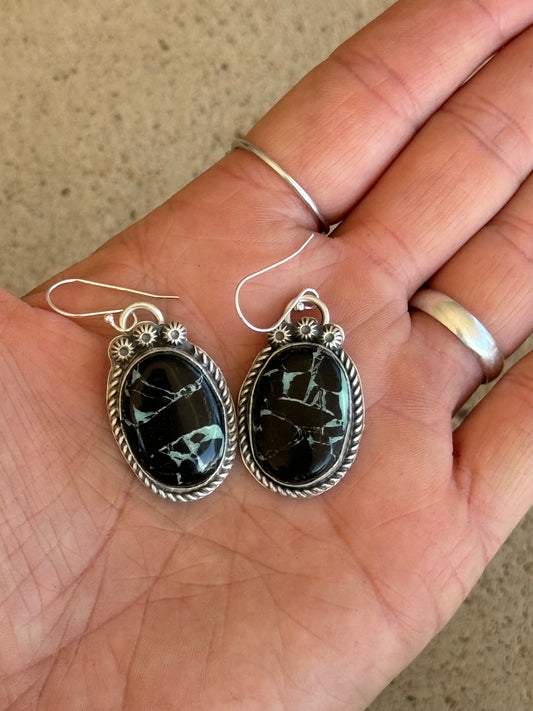 Black Buffalo Turquoise Hook Earrings by Boyd J. Ashley, Navajo