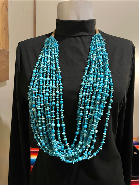 36" 13 Strand Hand Cut Turquoise Beaded Necklace by Jolene Bird, Santo Domingo