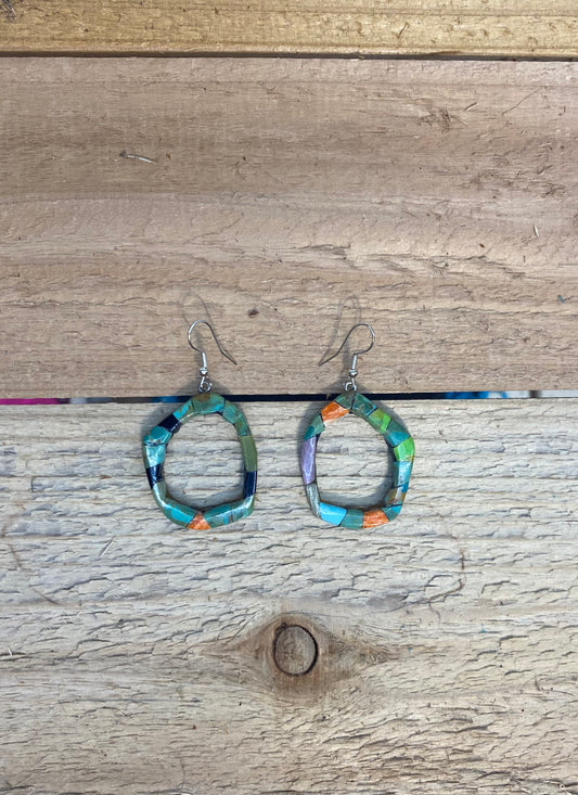 Paper Thin Inlay Lapidary Round Dangle Earrings by Charles Bird