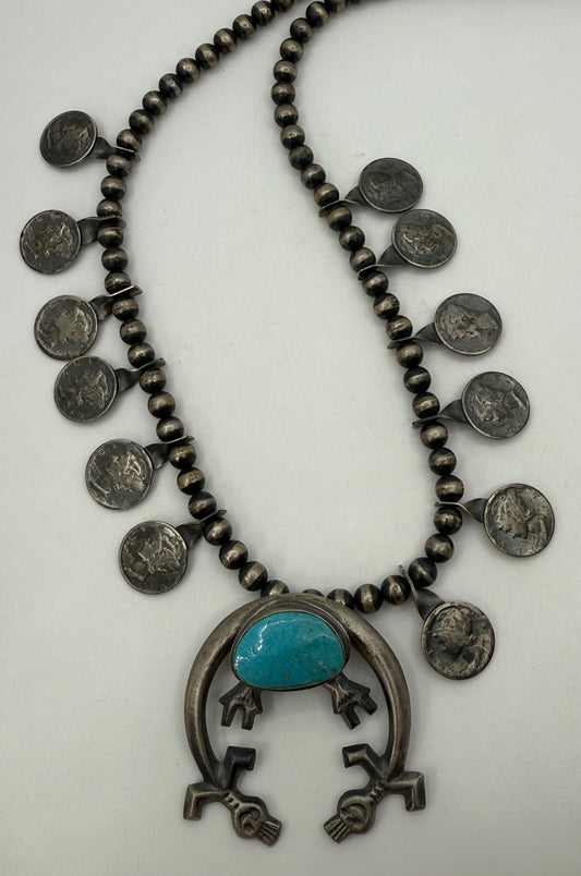 26" Native American made squash blossom necklace w/ Kingman turquoise & antique silver dimes by Steven Nez, Navajo