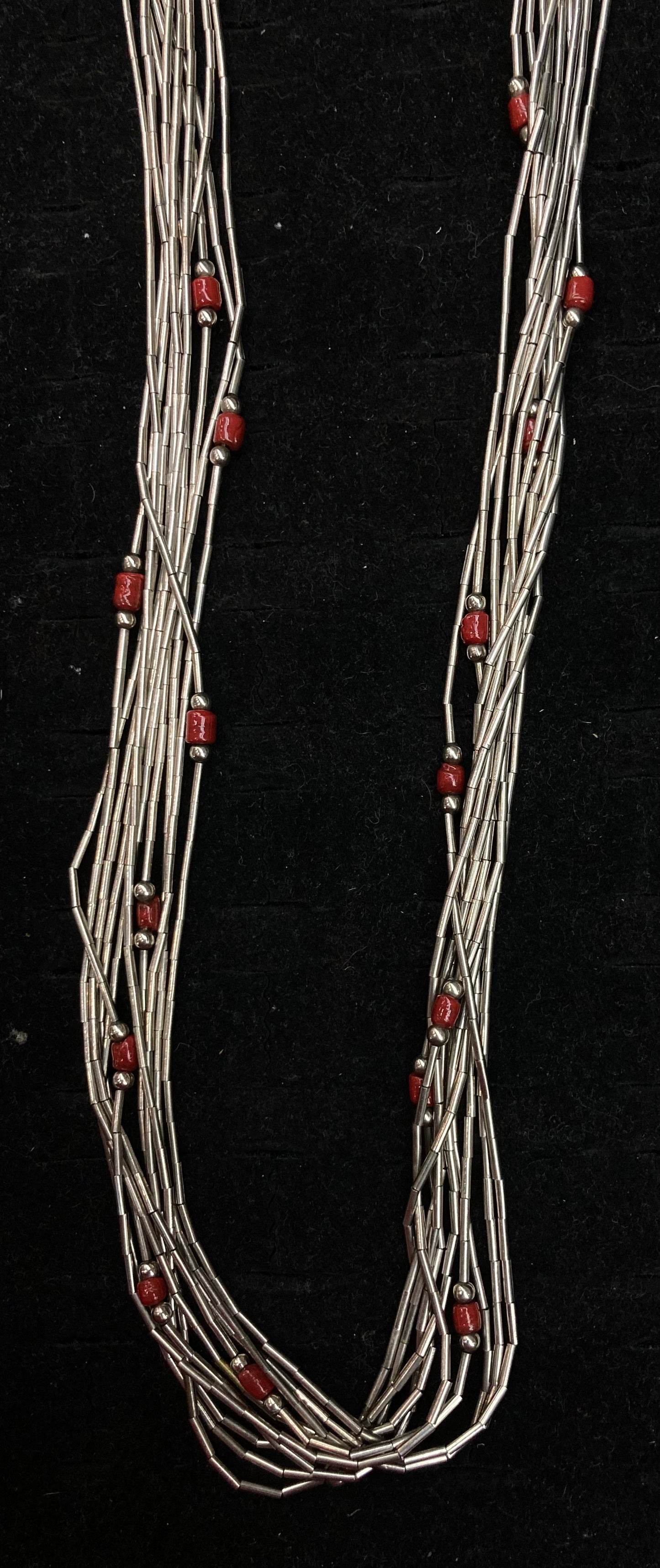 Vintage 30" 10 Strand Red Coral and Liquid Silver Necklace