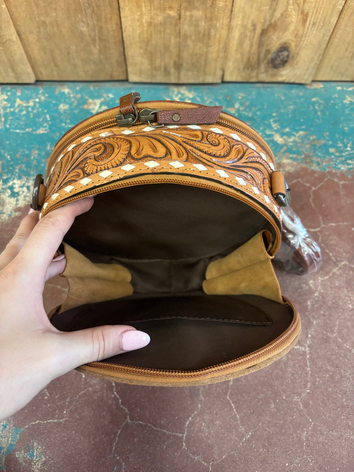 Suede Boot Stitched Leather Canteen Purse