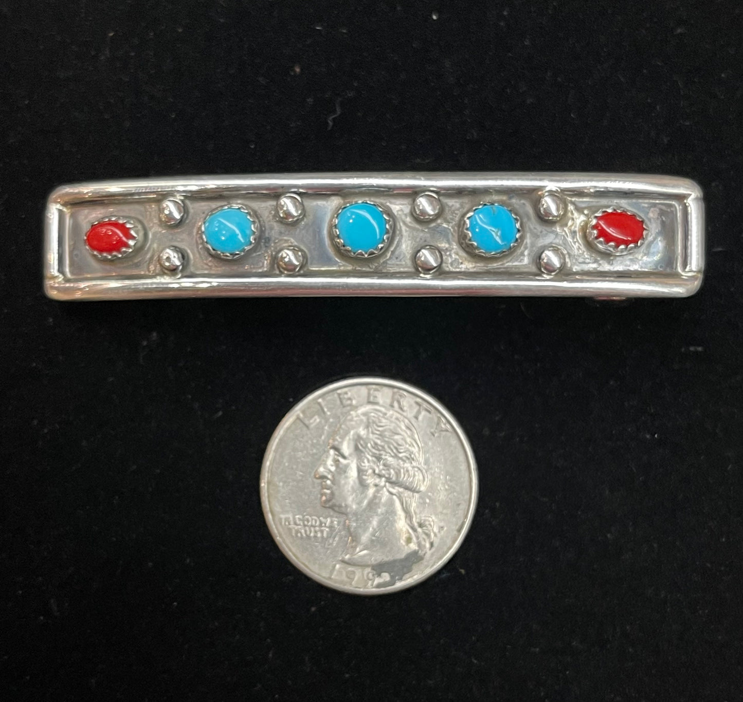 Sterling Silver Hair Barrette with Turquoise and Red Coral Stones by Paul Largo, Navajo