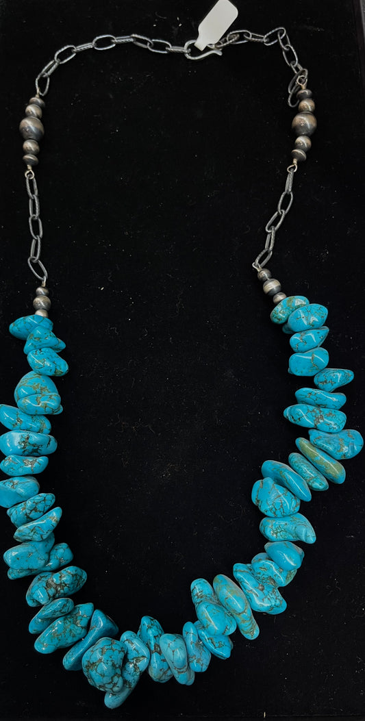 33"  Necklace with Turquoise Nuggets and Graduated Navajo Pearls