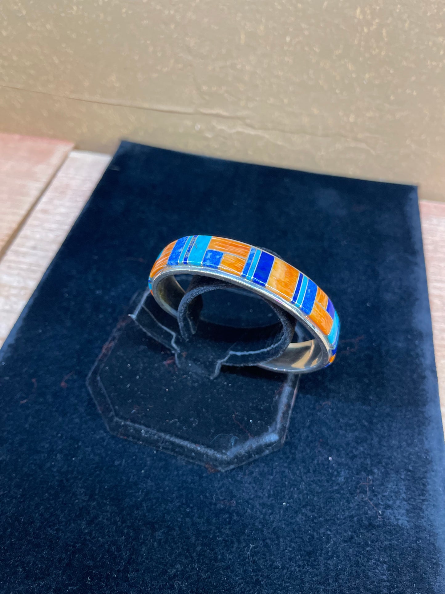 Navajo Orange Spiny And Turquoise With Lapis Cuff Bracelet By Arlo Kanteena