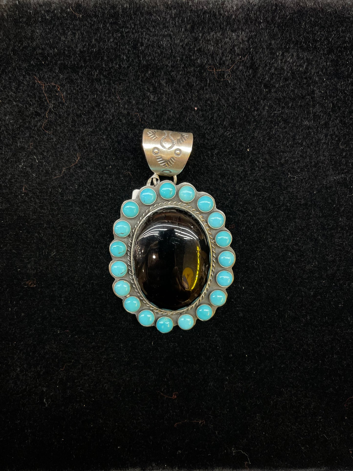 Black Onyx And Sleeping Beauty Turquoise Pendant By Steven Nez