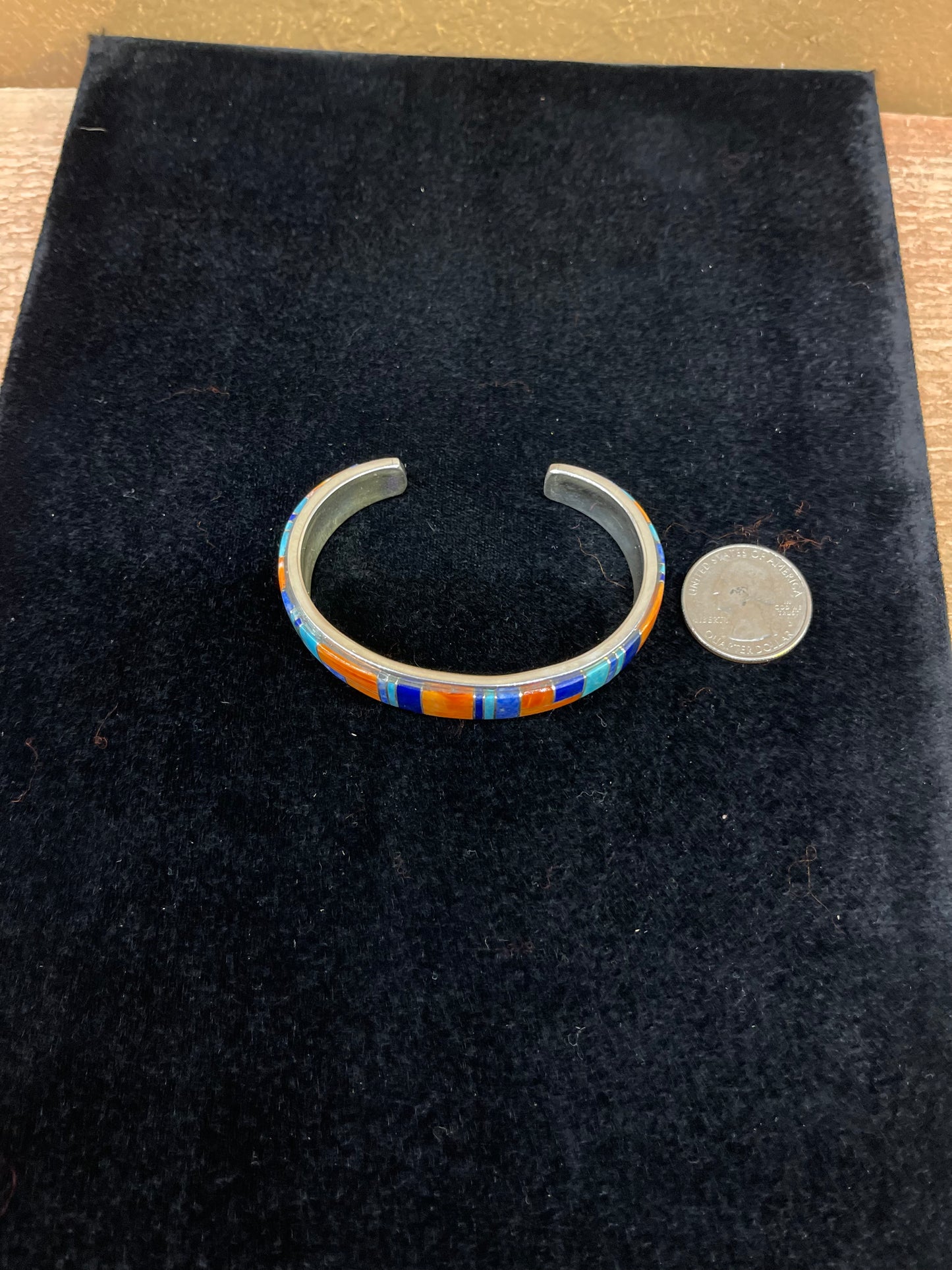 Navajo Orange Spiny And Turquoise With Lapis Cuff Bracelet By Arlo Kanteena