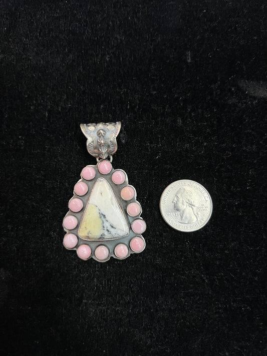 White Buffalo & Pink Conch Shell Pendant by Ned Nez, Navajo made (12mm bale)