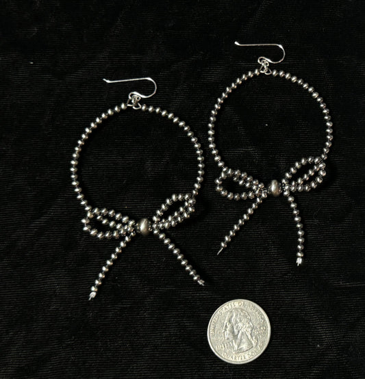 Silver Bead Pearl Bow Hoop Earrings on Hook