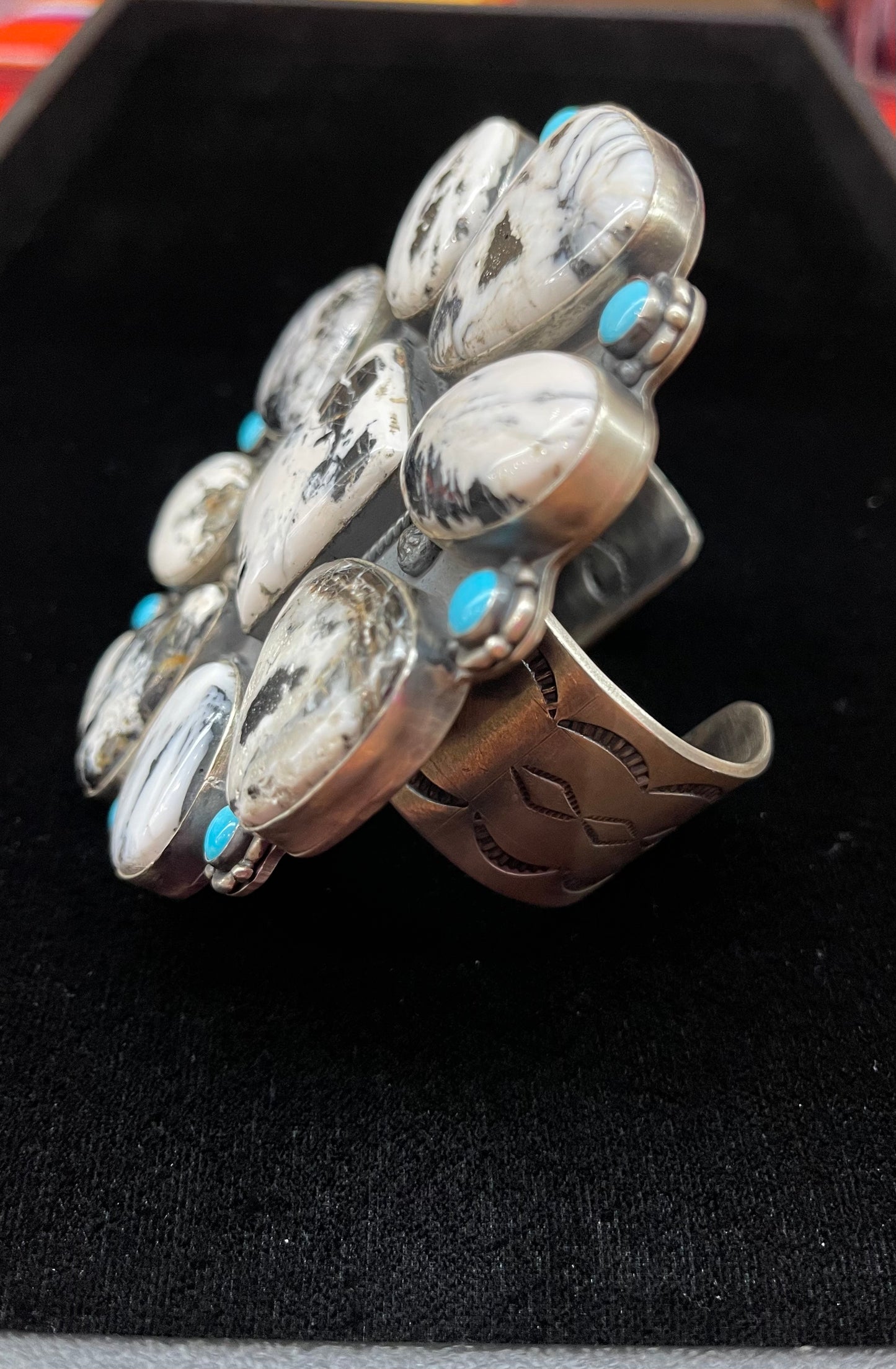 White Buffalo and Sleeping Beauty Turquoise Cluster Cuff by Zia and H. Joe