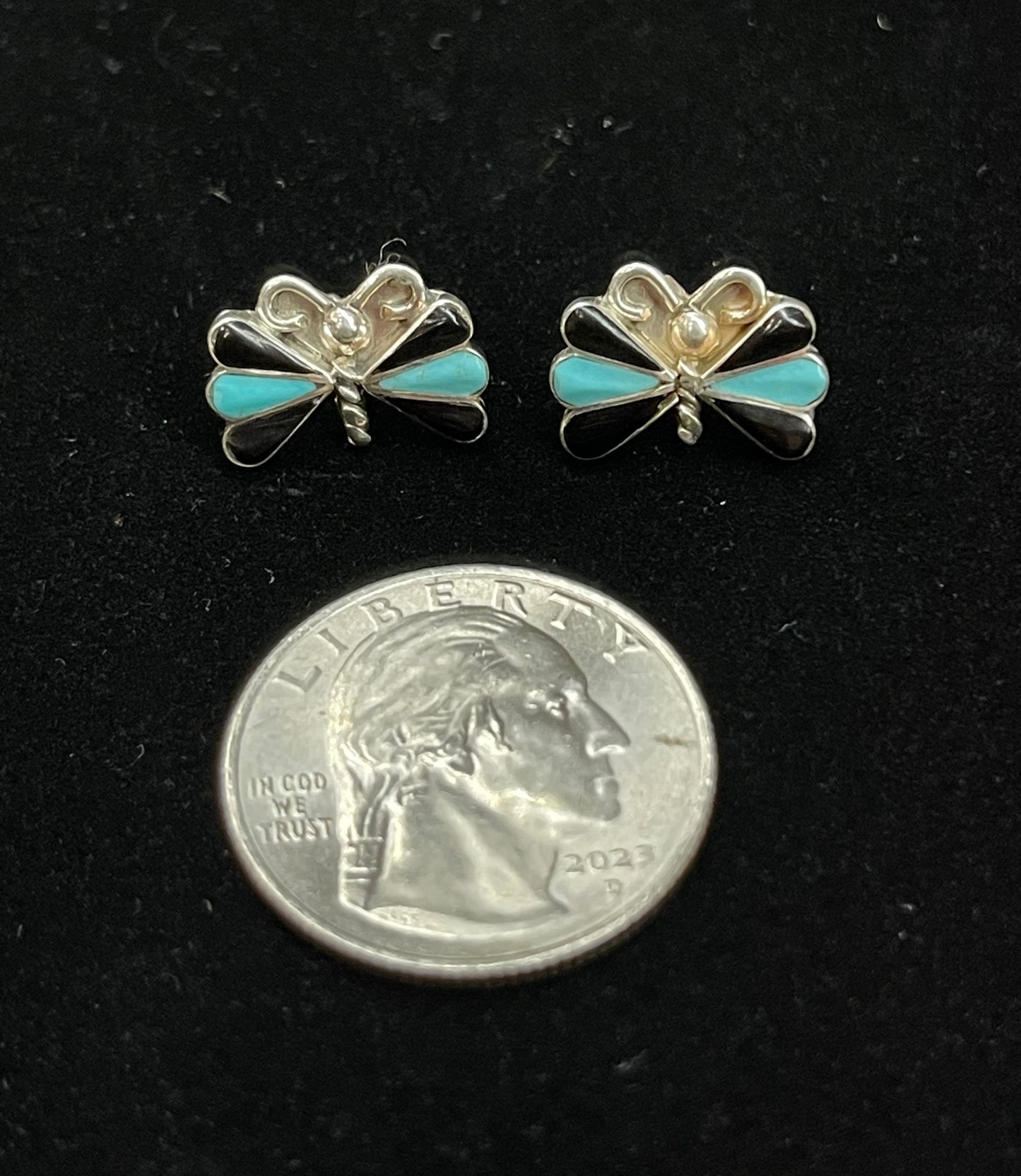 Turquoise and Black Onyx Inlay Butterfly Post Earrings by Ken Yatsatie, Zuni