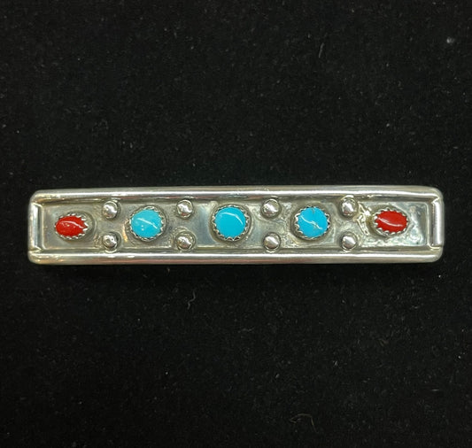 Sterling Silver Hair Barrette with Turquoise and Red Coral Stones by Paul Largo, Navajo