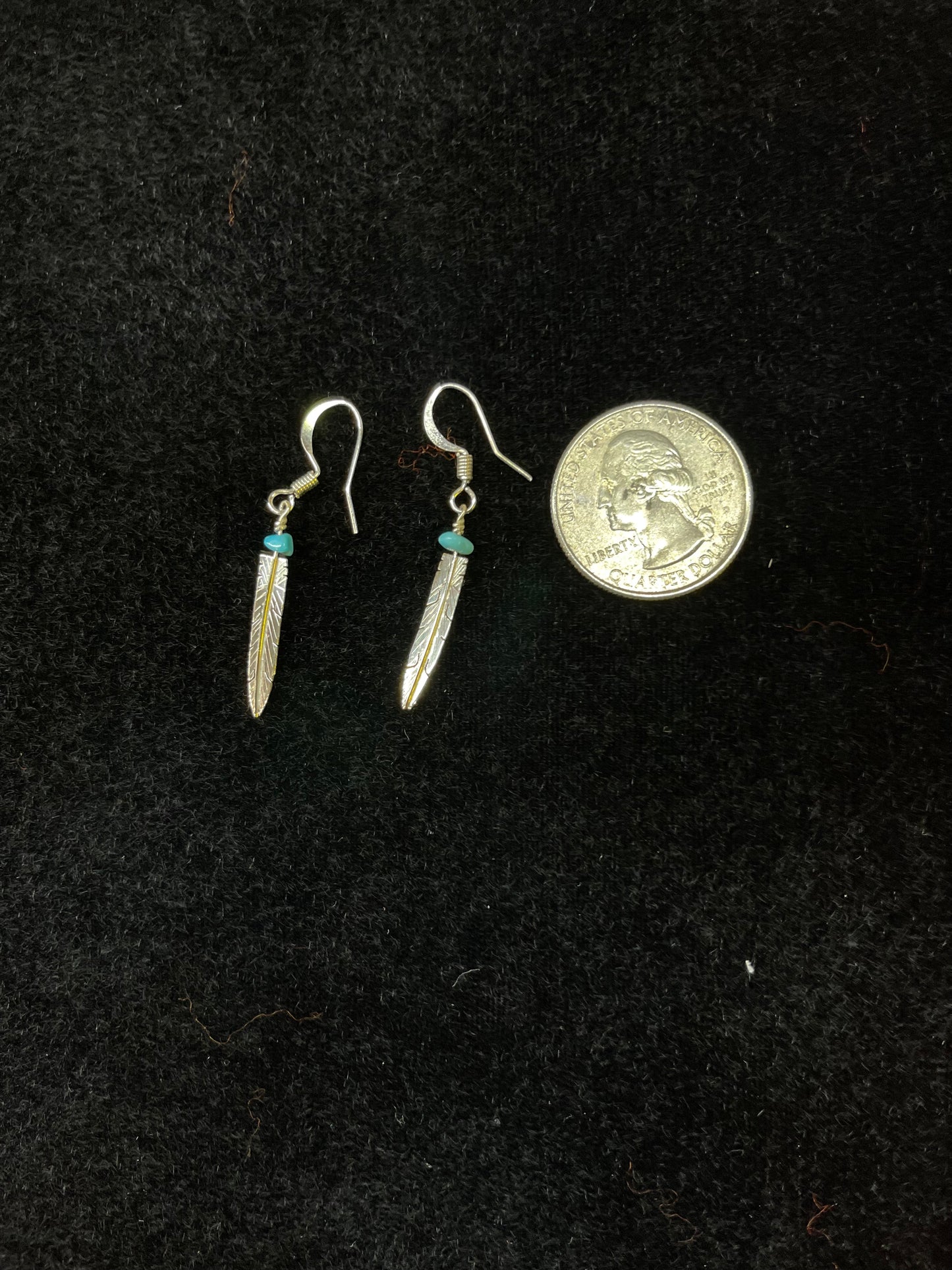 Sterling Silver Feather Dangle Earrings With Turquoise Stone