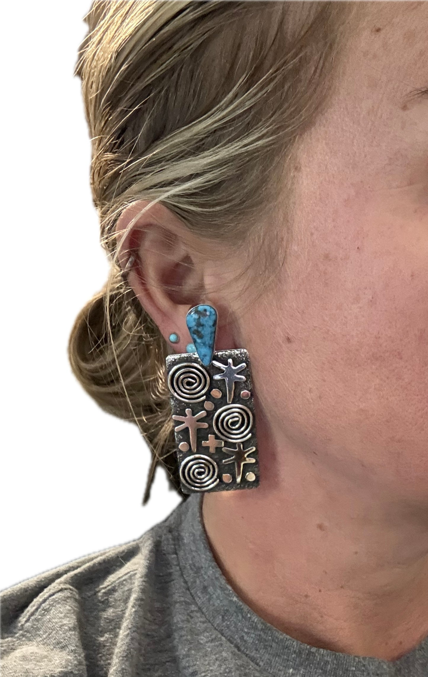 Big Rectangle Petroglyph Earrings with Teardrop Turquoise by Alex Sanchez, Navajo