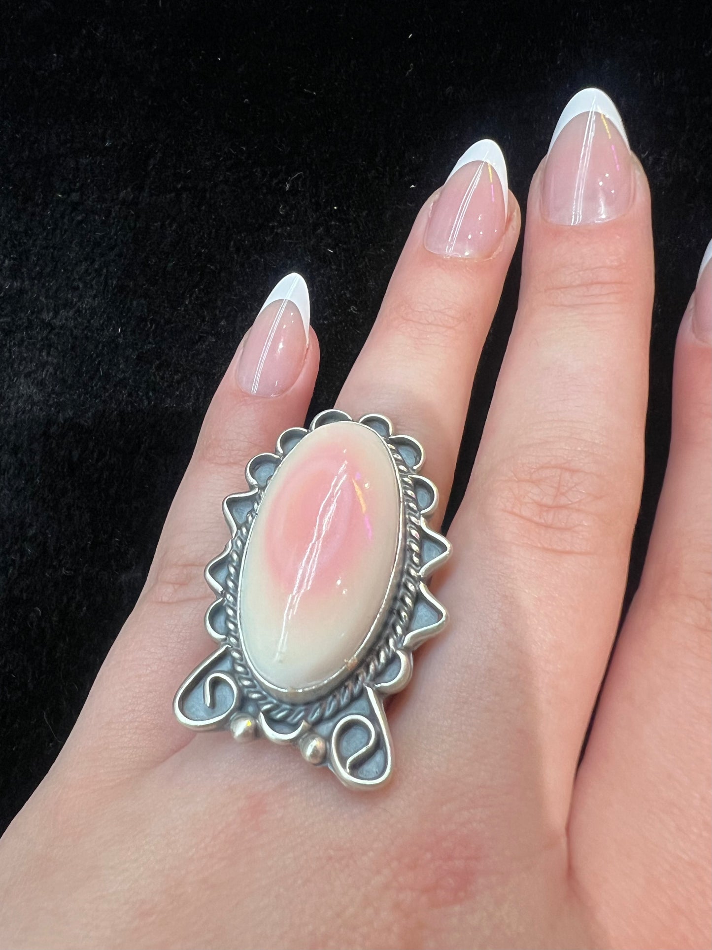 Adjustable Pink Conch Shell Ring by T. Nez Sr., Navajo made (Fits Sizes 6.0-9.0)