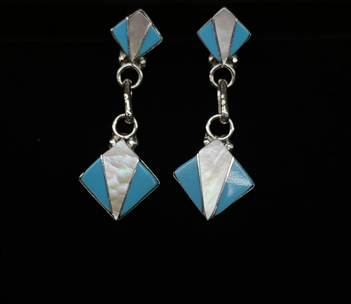 Mother of Pearl and Sleeping Beauty Post Dangle Earrings by Erva Quam, Zuni