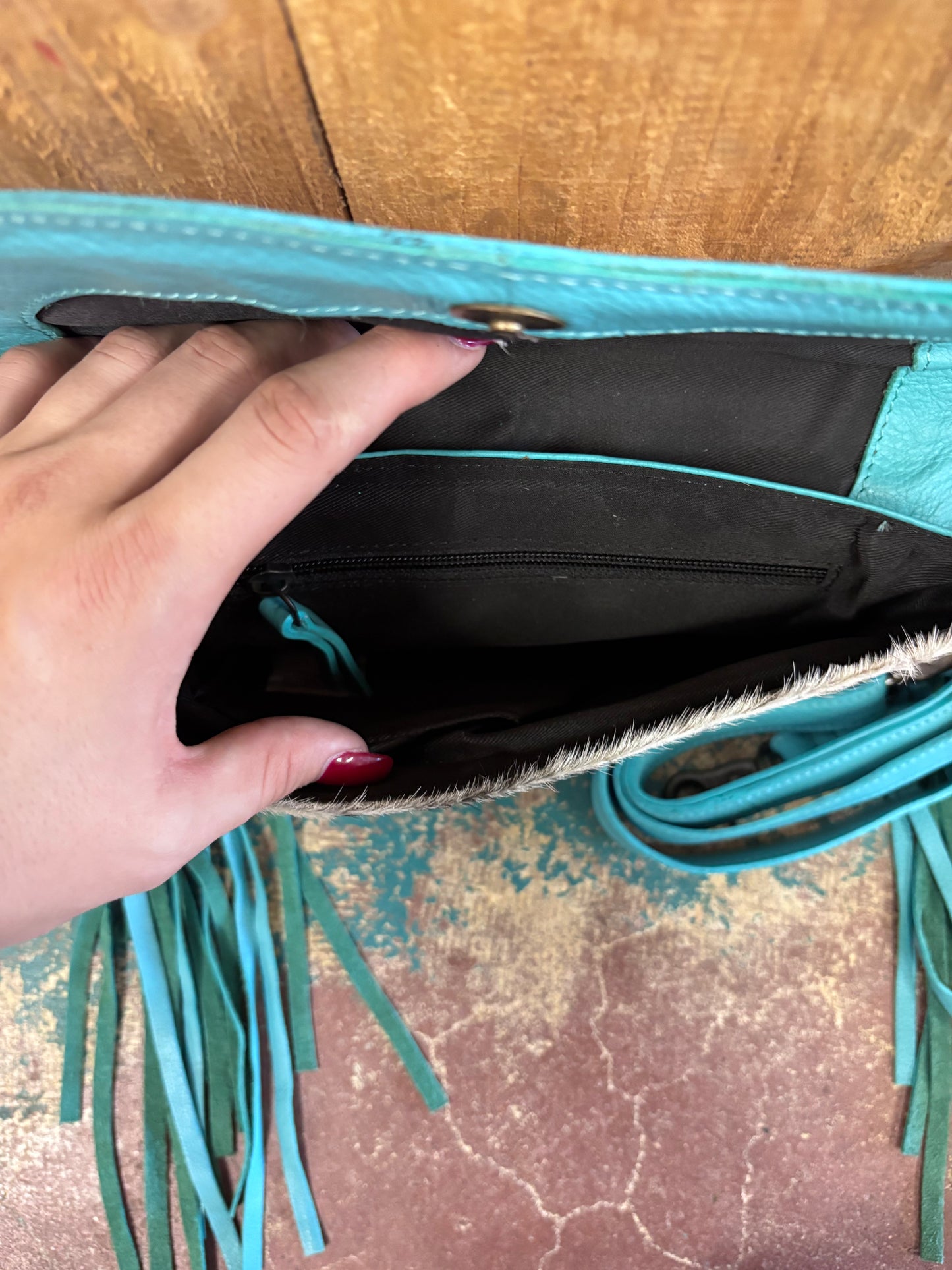 Black And White Cowhide Turquoise Tooled Fringed Leather Purse