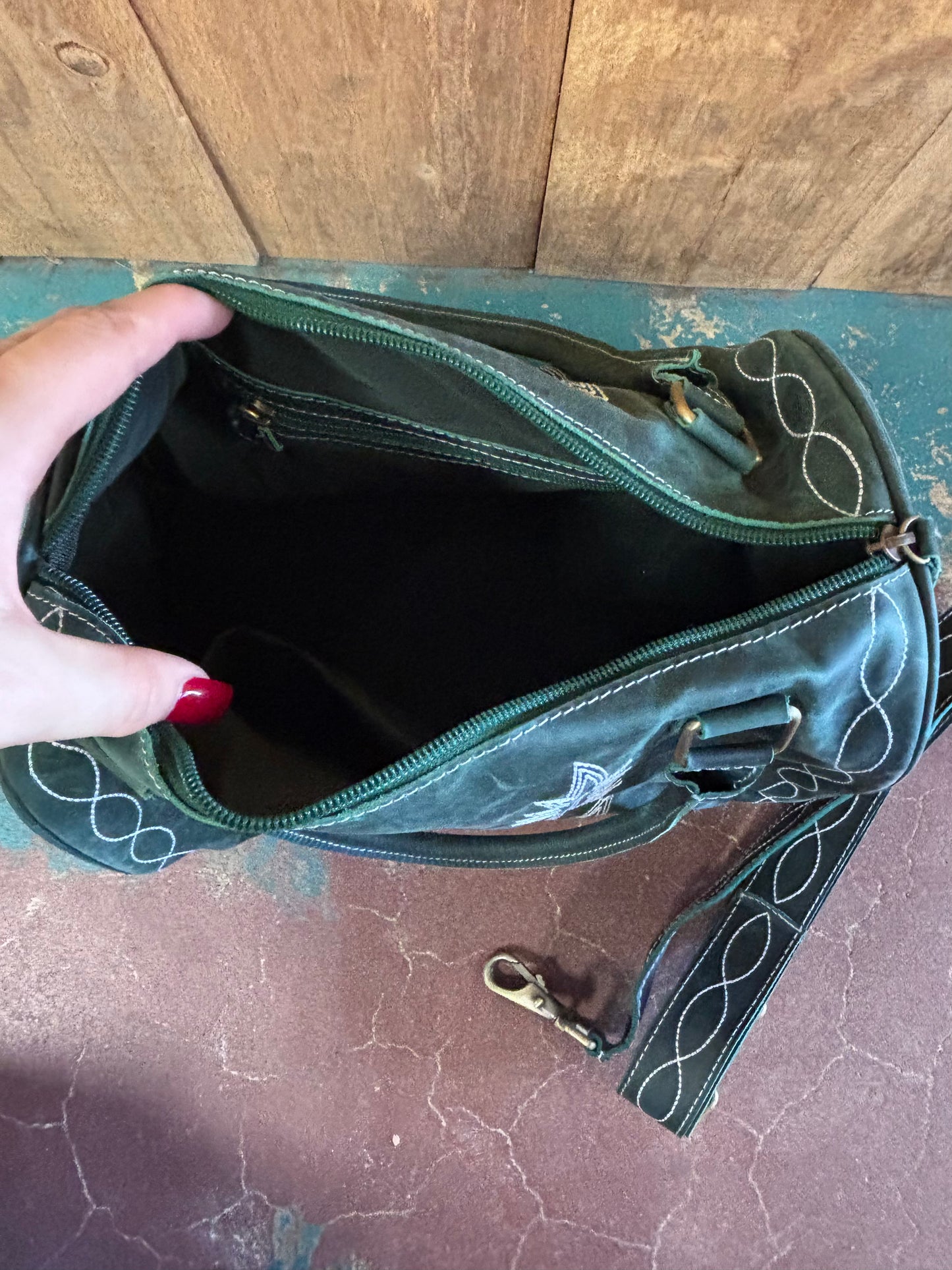 Boot Top Stitch Green Leather Boot Stitched Overnight Speedy Bag Purse (Version 2)