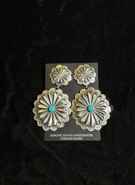 Double Concho Earring with Turquoise by Rita Daye, Navajo