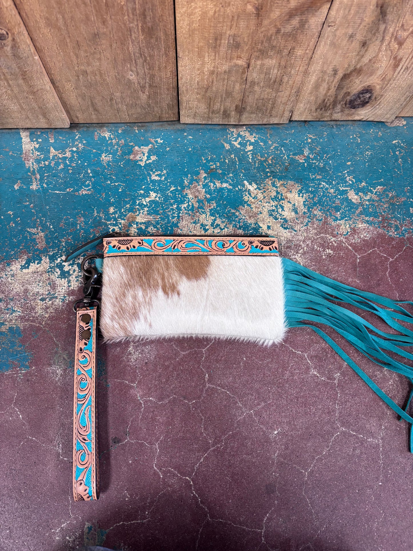 Cowhide Turquoise Fringe Leather Wristlet/Wallet