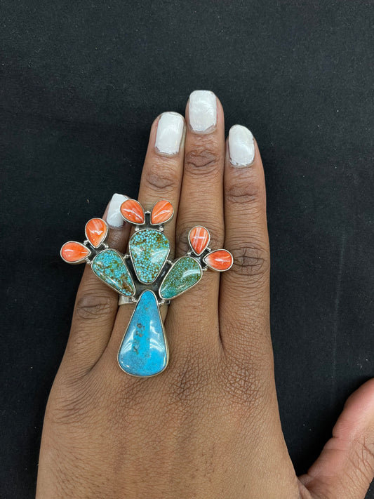 Natural Turquoise & Spiny Oyster Adjustable Cactus Ring by Calvin Delgarito, Navajo