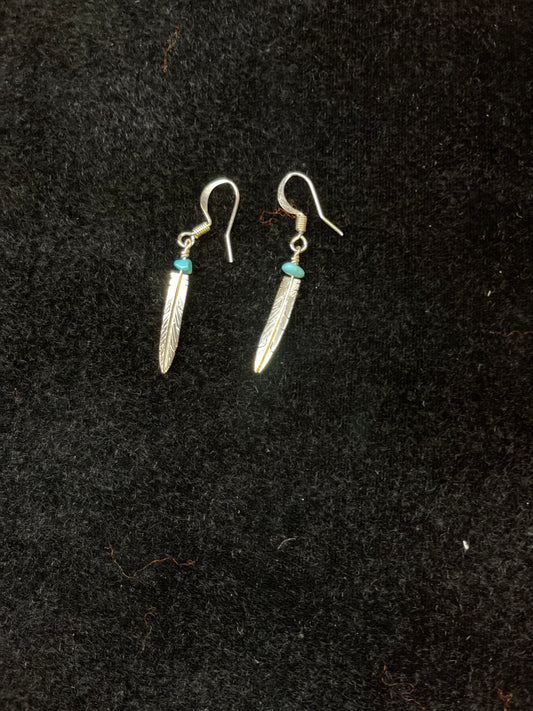 Sterling Silver Feather Dangle Earrings With Turquoise Stone
