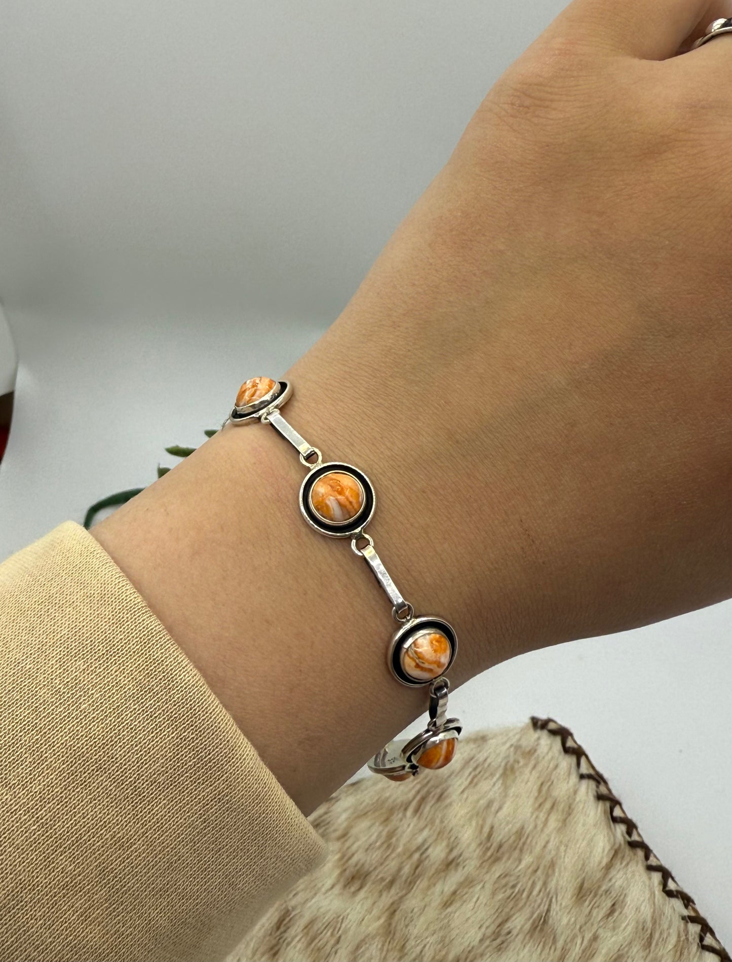 Orange Spiny Oyster Link Bracelet & Earring Set by Martin Perry, Navajo