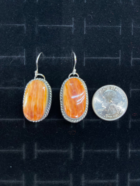 Orange Spiny Oyster Oval Dangle Earrings With Sterling Silver Twisted Edge