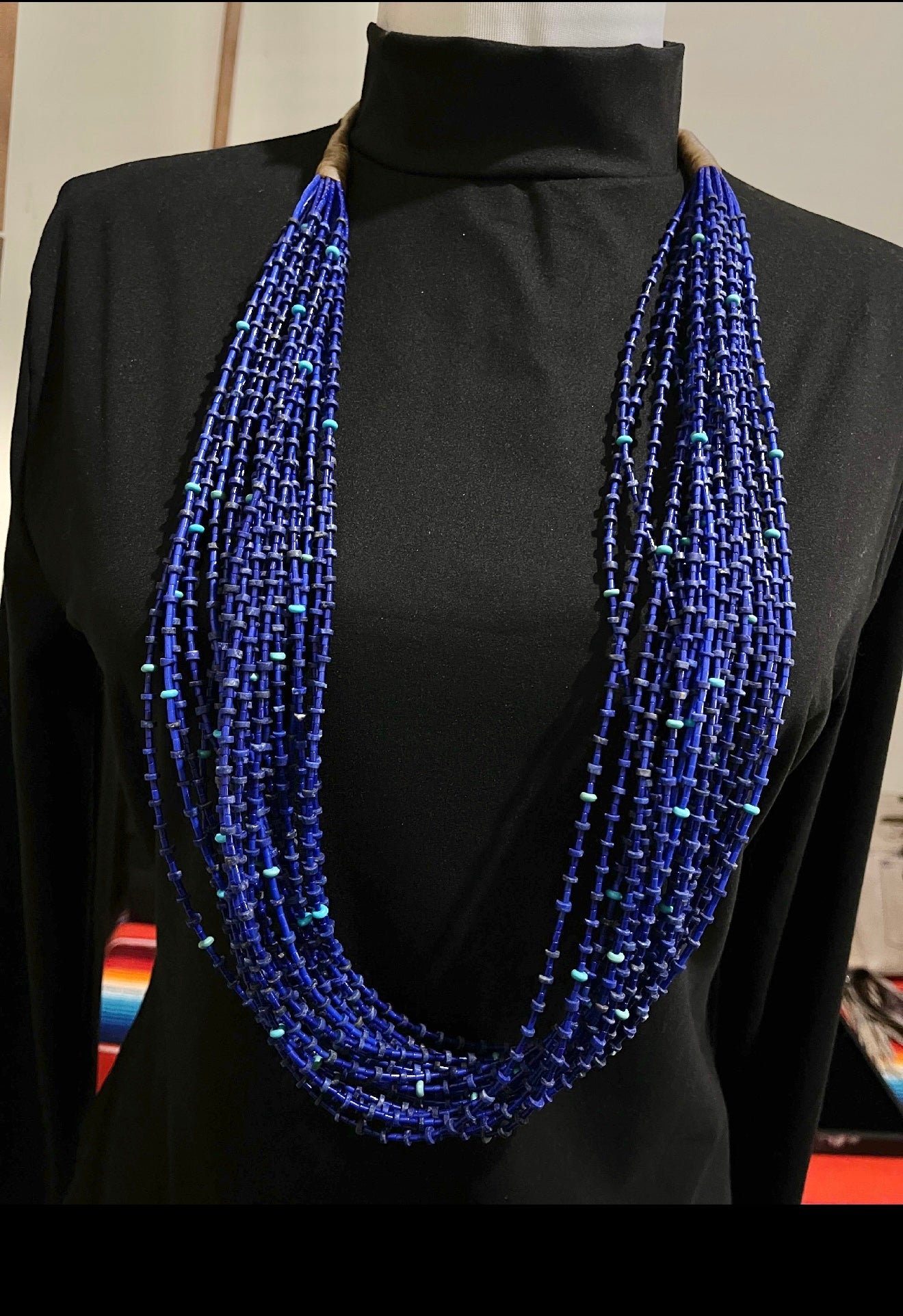 LOT 83 11/16 36" 22 Strand Blue Lapis Necklace with Turquoise by Jolene Bird, Santo Domingo