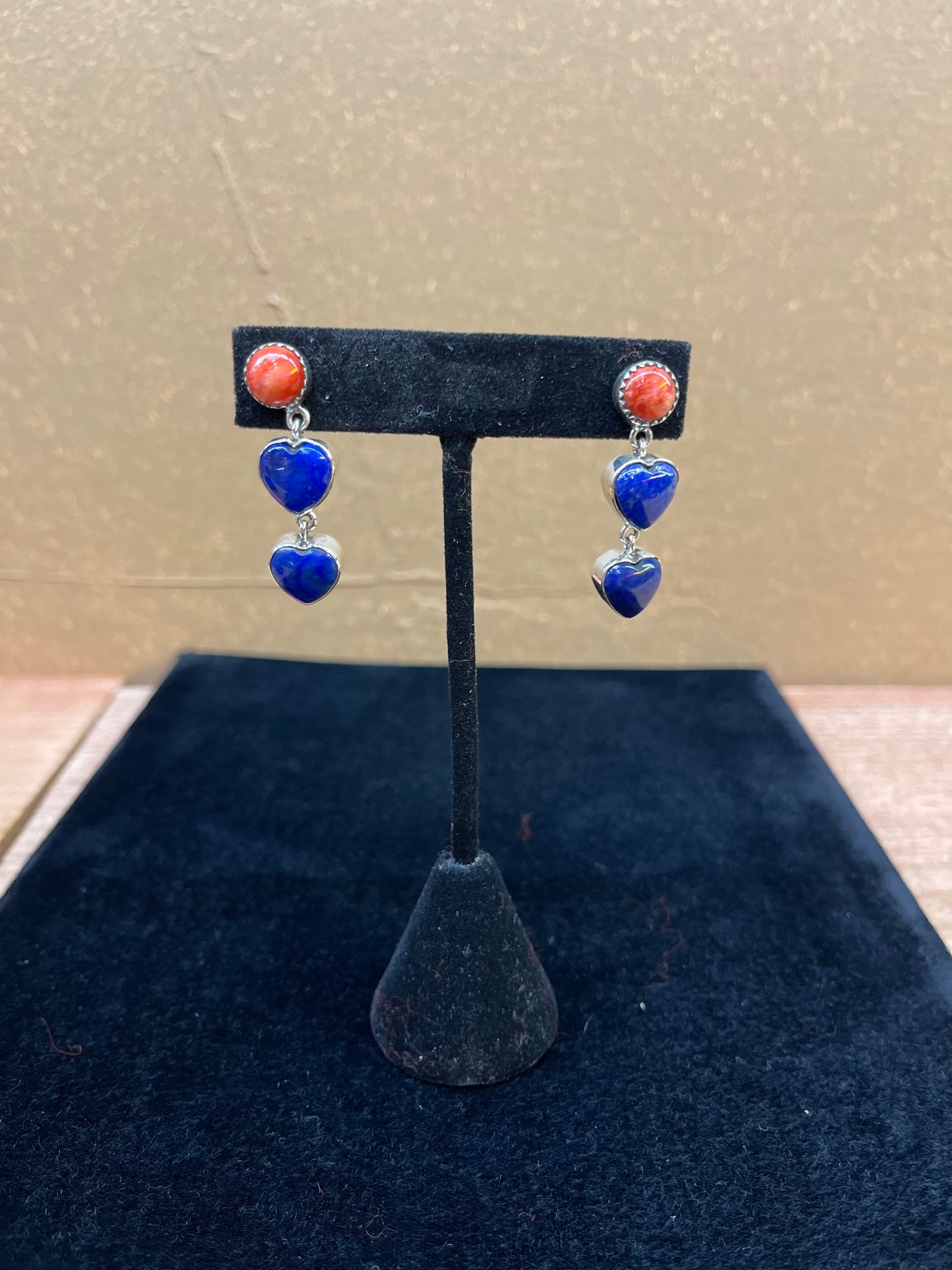 Spiny Oyster And Lapis Heart Earrings By Kevin Nez