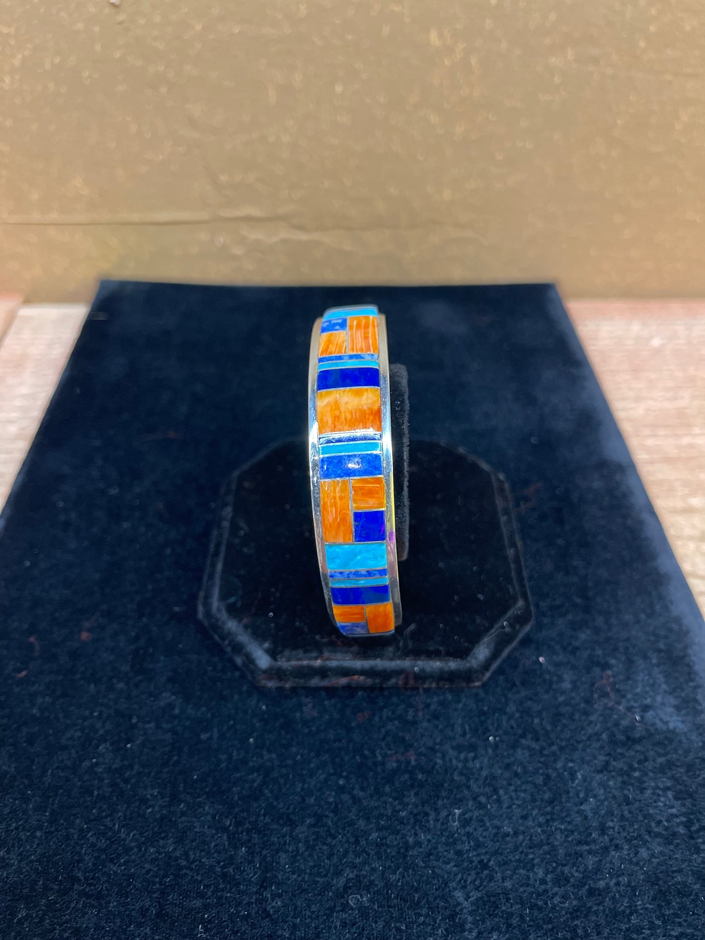 Navajo Orange Spiny And Turquoise With Lapis Cuff Bracelet By Arlo Kanteena