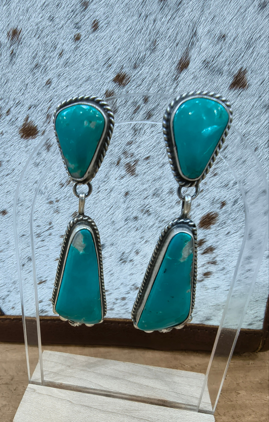 High Grade Kingman Turquoise Dangle Earrings by Elouise Kee, Navajo