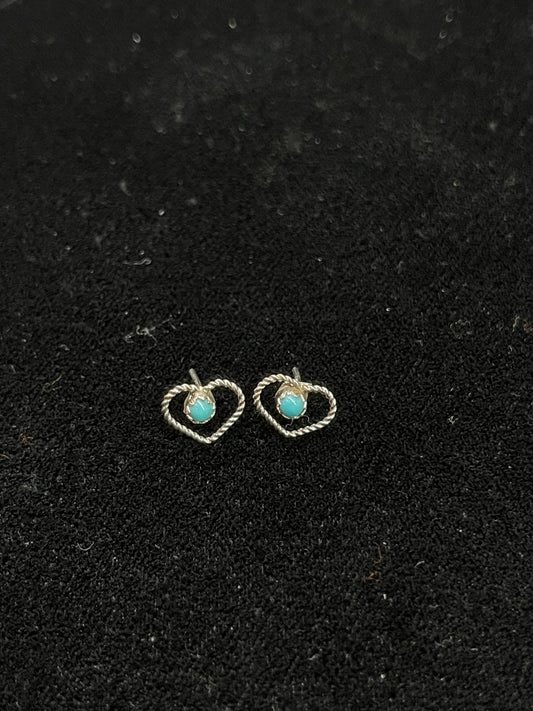 Small Heart Earrings with Turquoise Stone by Sylvia Chee, Navajo