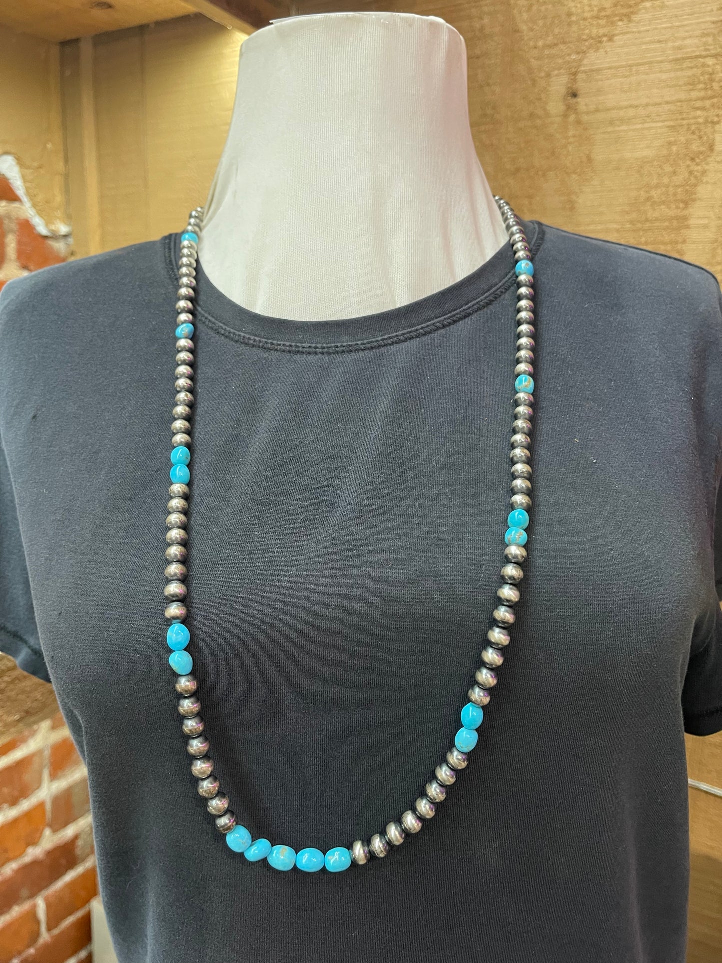33" 9mm Navajo Pearls with Turquoise Nuggets