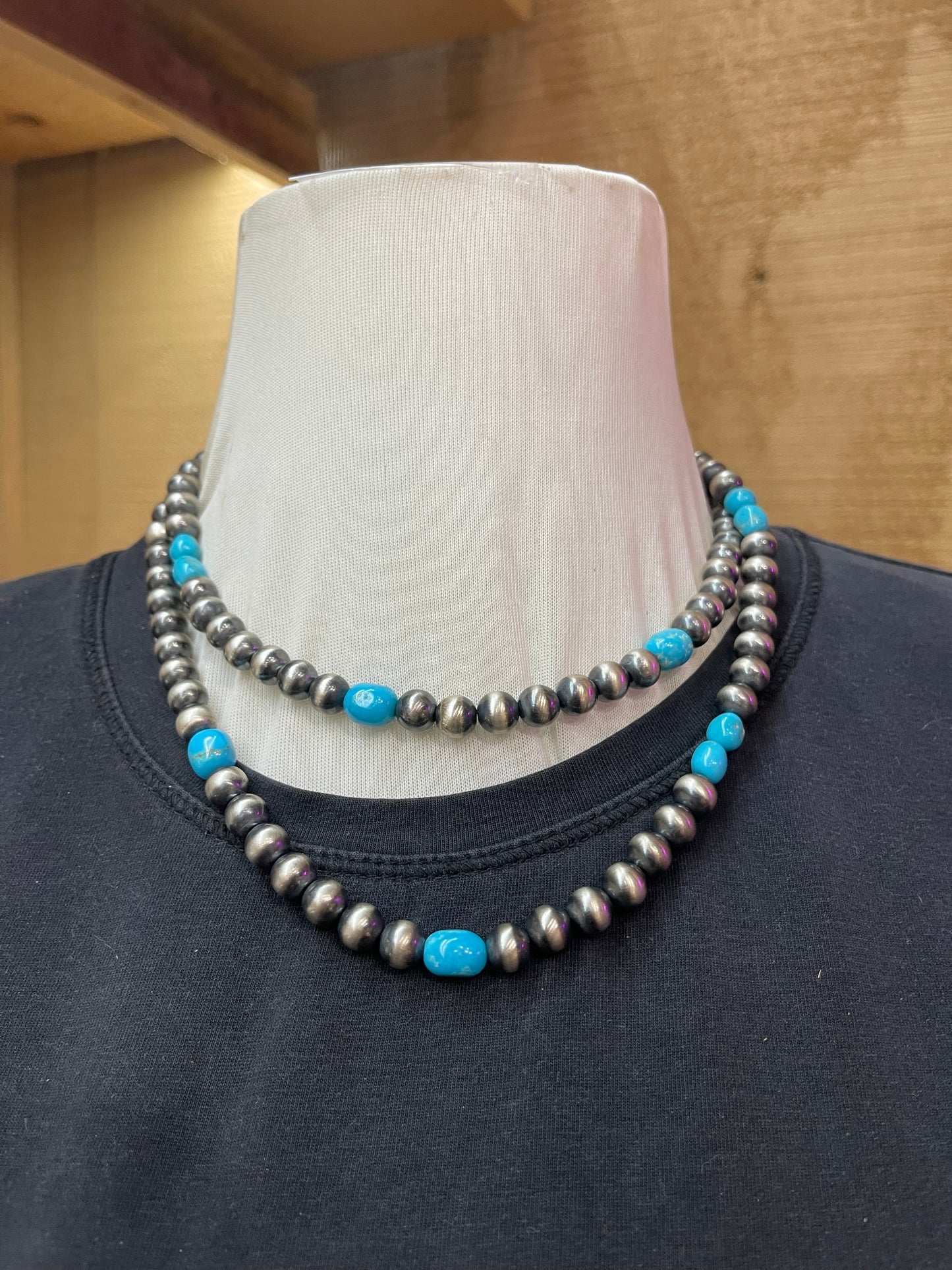 36” 8mm Navajo Pearls with Turquoise Nuggets