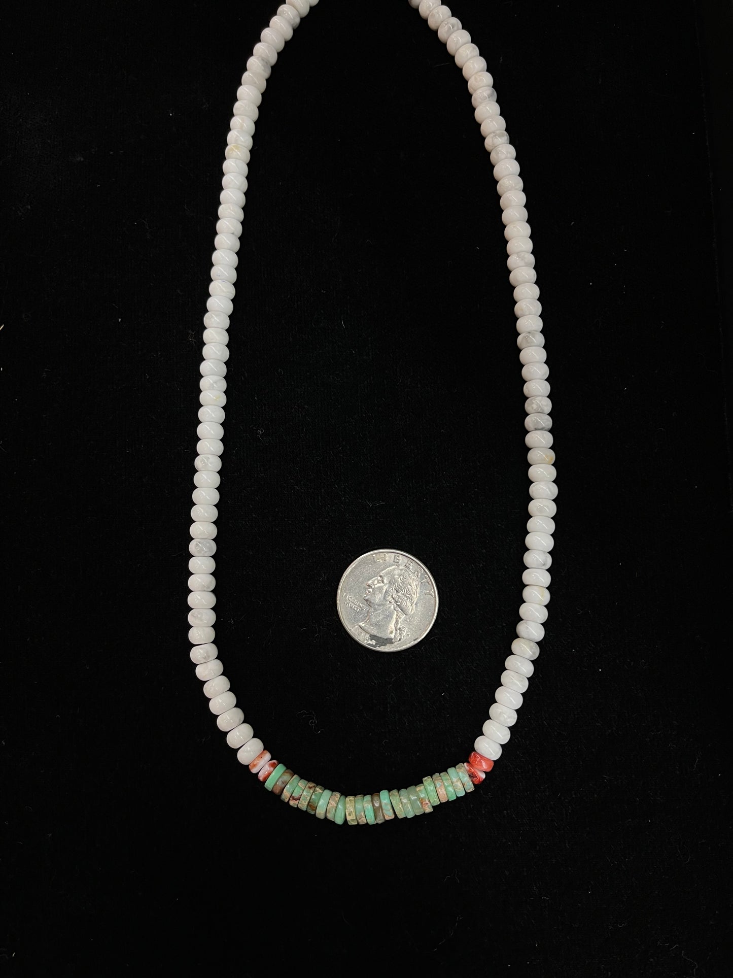 19" 5mm Howlite, Turquoise, and Spiny Oyster Necklace