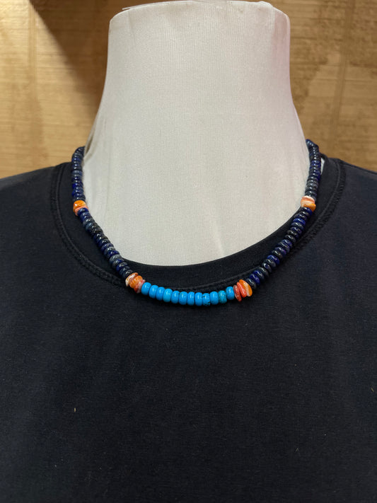 20" Lapis, Spiny Oyster, and Turquoise Necklace