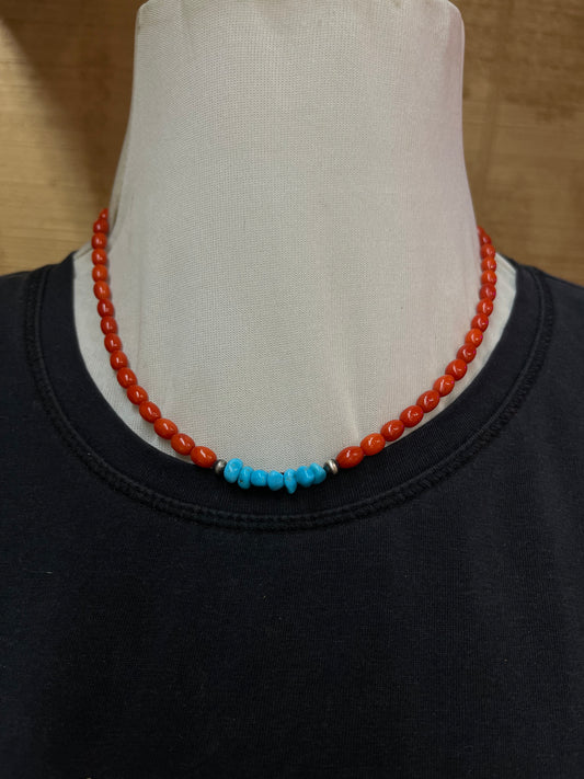 18"Red Coral and Sleeping Beauty Turquoise Necklace