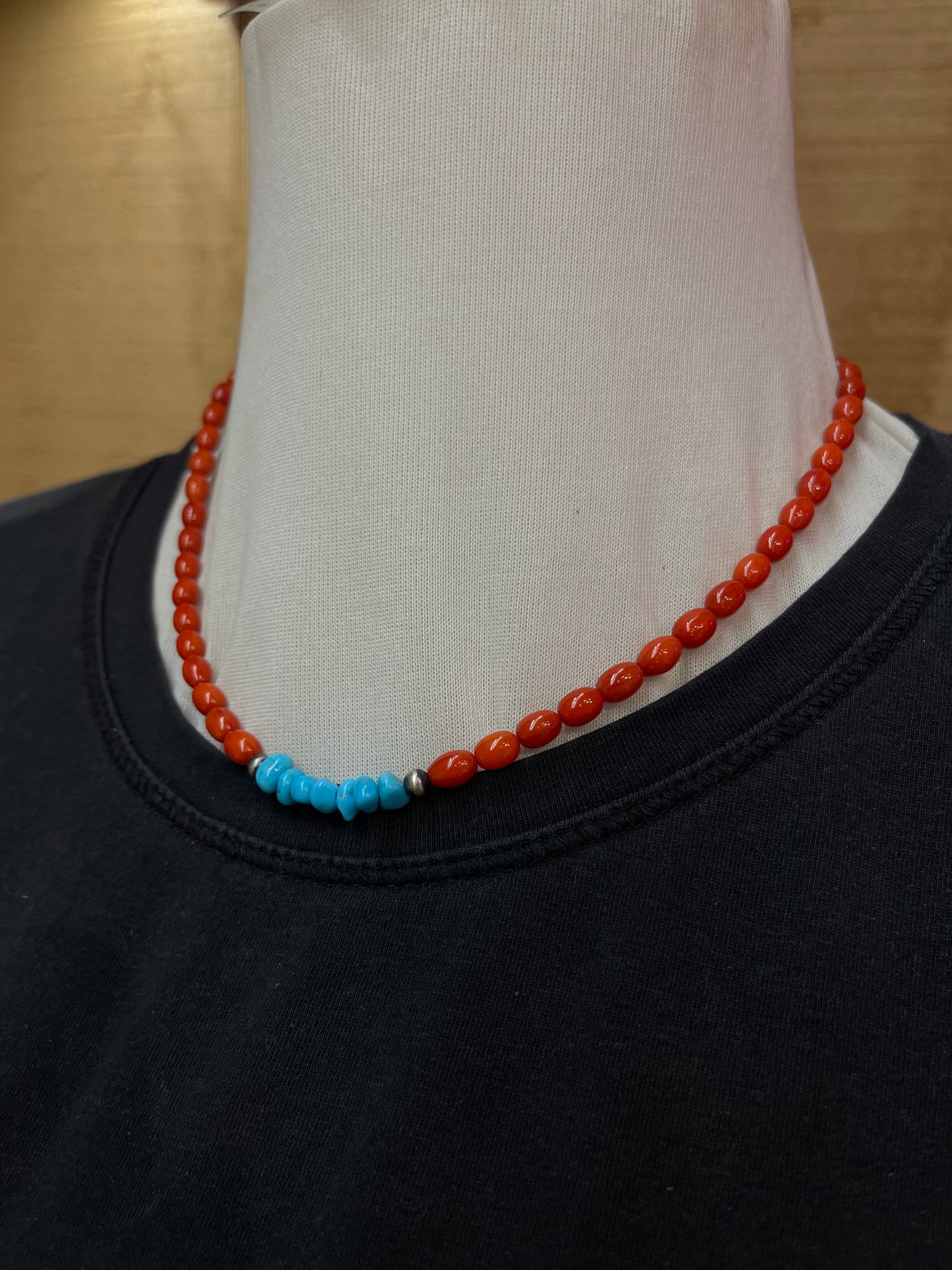 18"Red Coral and Sleeping Beauty Turquoise Necklace