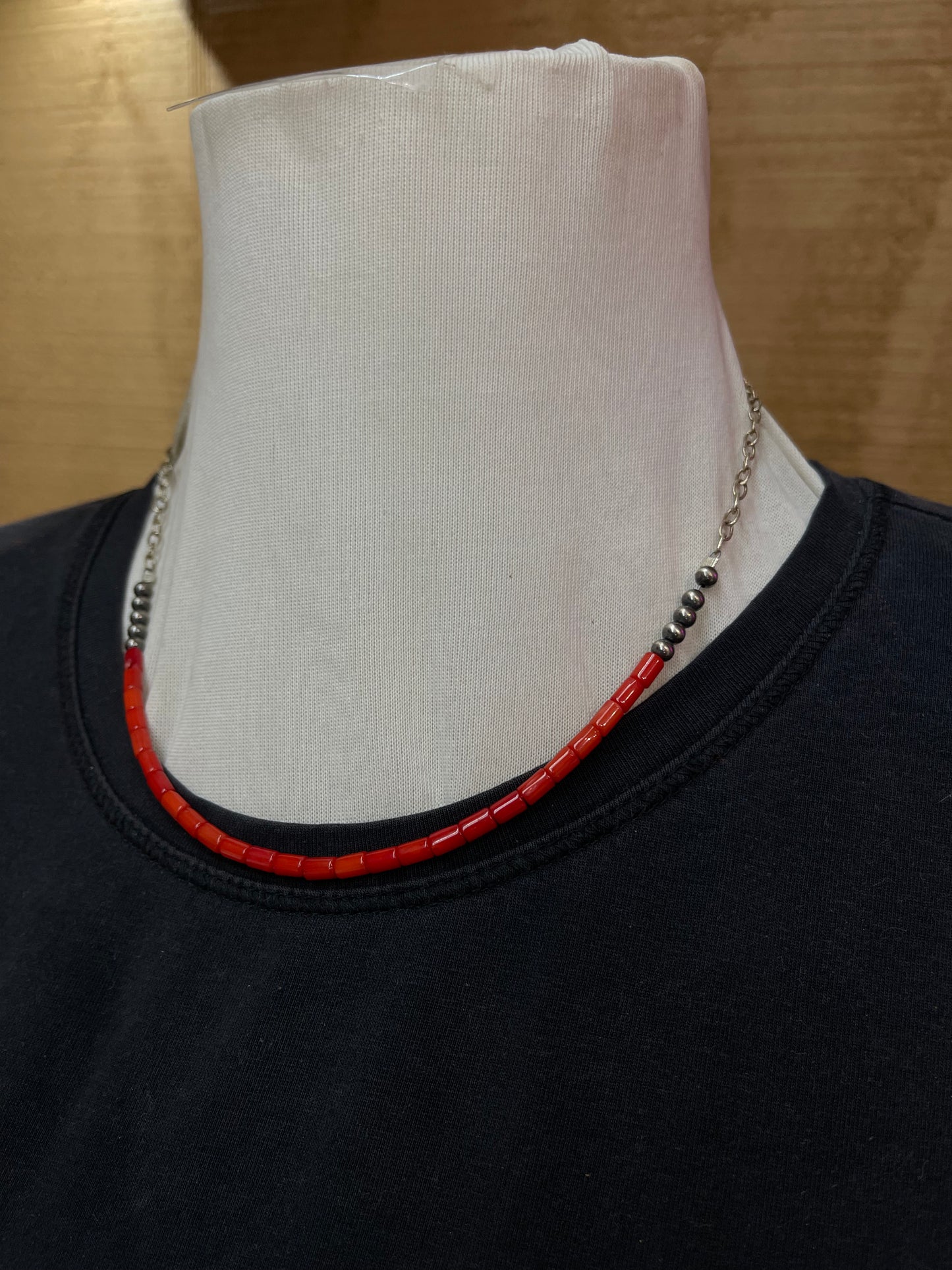 18" Coral and Navajo Pearl Chain Necklace