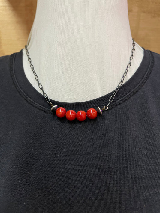 16" 8mm Coral Bead Necklace with Navajo Pearls